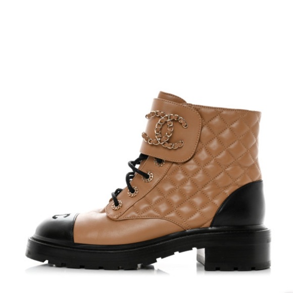 CHANEL Shoes - CHANEL 
Lambskin Calfskin Quilted Lace Up Combat Boots 39.5 Light Brown